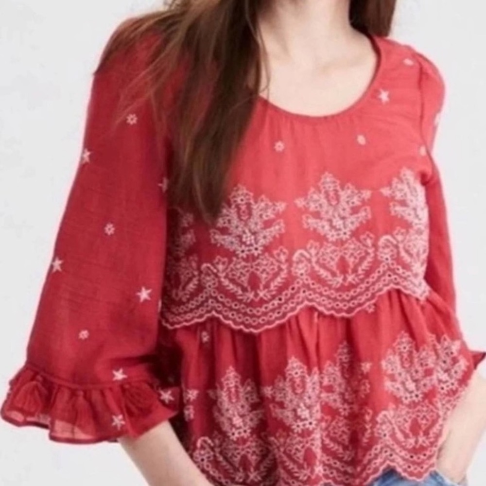 *American Eagle Coral Eyelet Cropped Embroidered Bell Sleeve XS Blouse#Gr